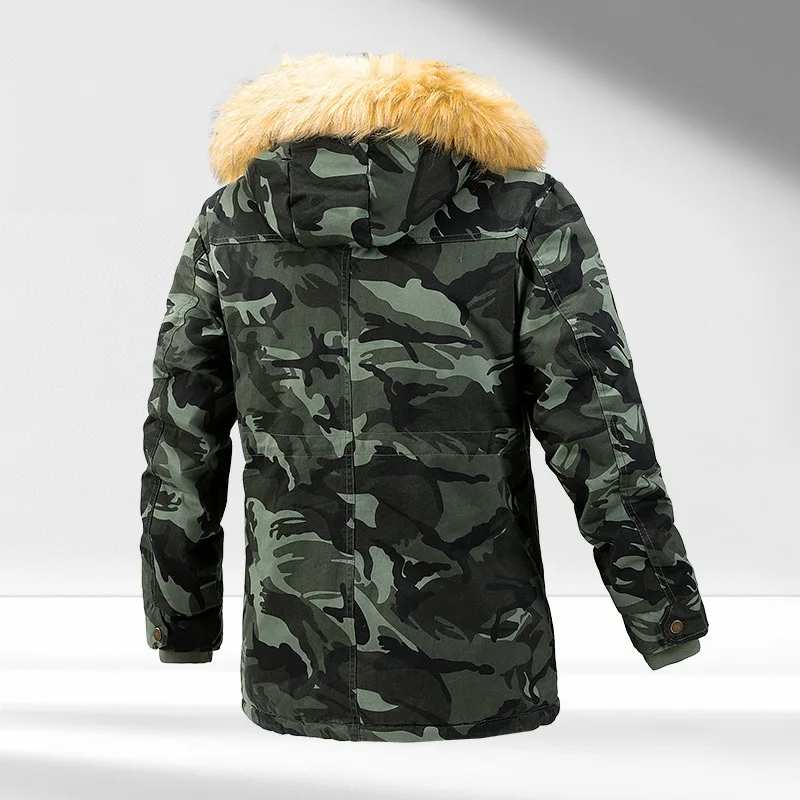 Jaket Camo parka pria, jaket parka panjang musim dingin, mantel bertudung kerah bulu ramping, pakaian luar ruangan tebal, hangat, bulu domba militer tahan angin