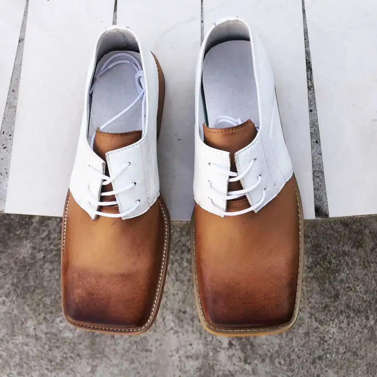 Genuine Leather Retro Color Patchwork Hand-painted Square Toe Men's Trendy Shoes