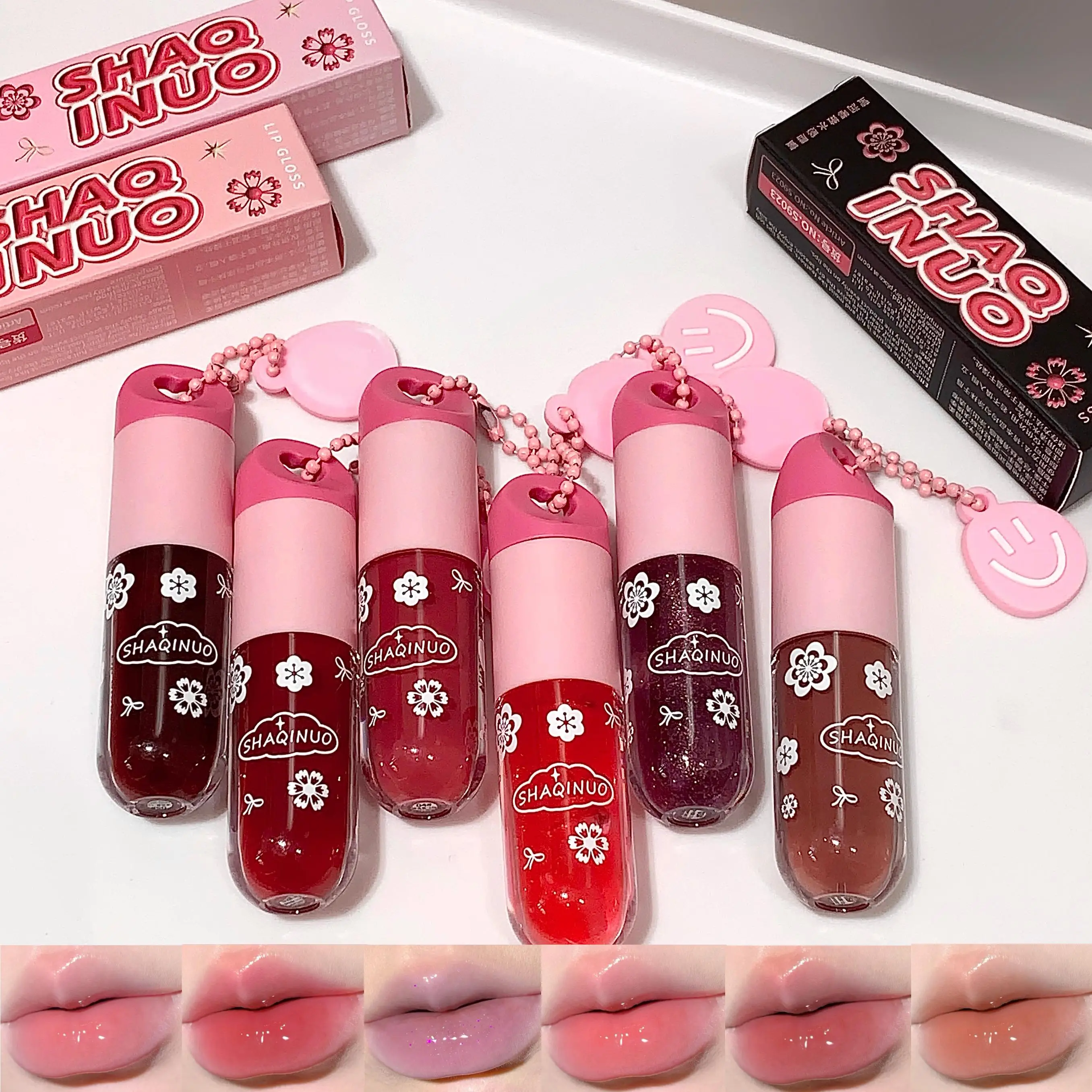 SHAQINUO Water-Based Lip Gloss Moisturizing Tinted Lip Balm แต่งหน้าจี้ลิปกลอส