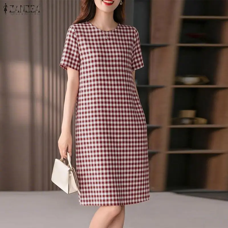 

ZANZEA Women's Vintage Gingham Short Sleeves Dresses O-Neck Knee-Length Dress 2026 Summer Daily Casual Commute Robes Femme