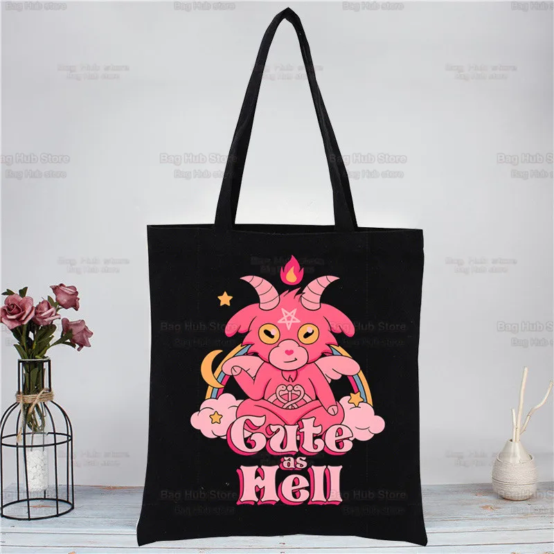 Baphomet Occult Goat Shopping Black Bags Canvas Tote Bag Reusable Satan Demon Ghost Cloth Bag Handbag