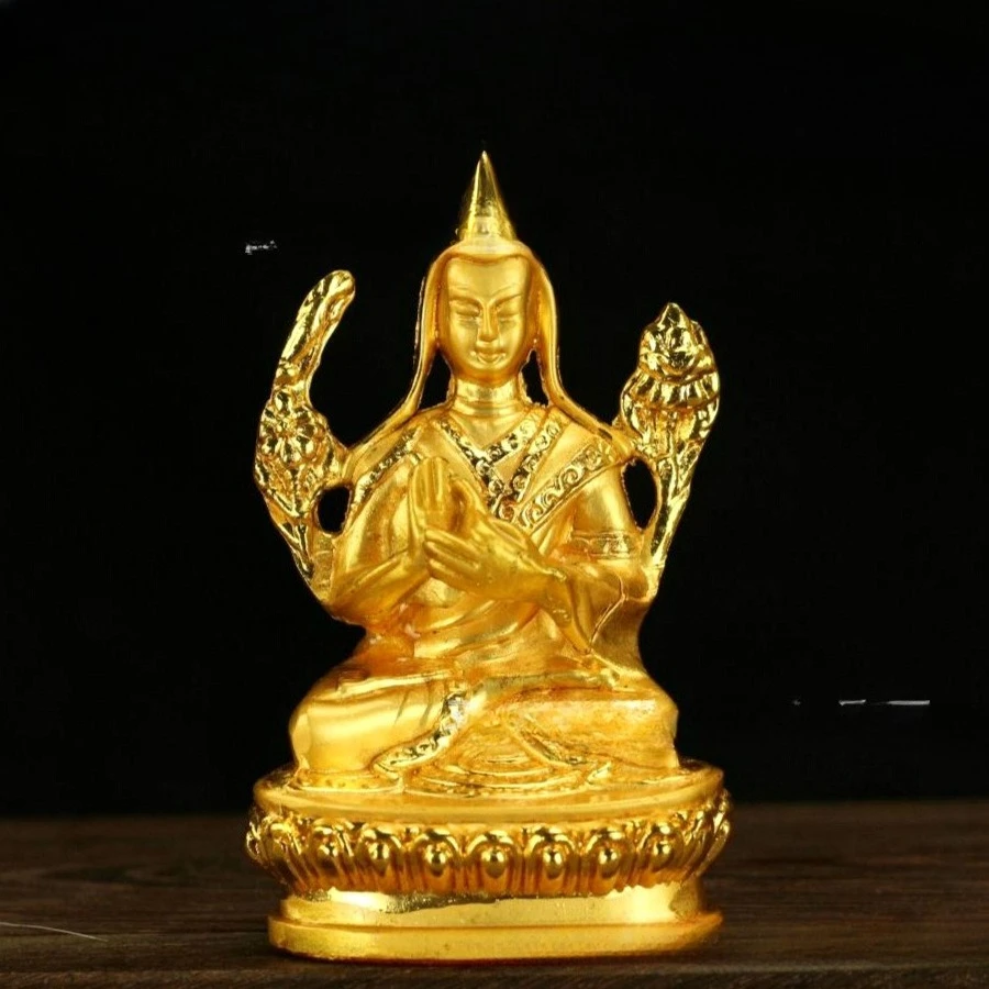 YY Antique Style Copper Gilded Tsongkhapa Sculpture Cloud Pattern Buddha Statue Tabletop Decoration
