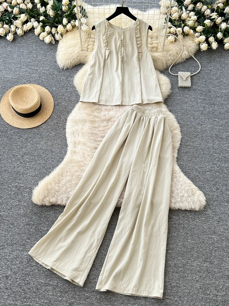 

Korean style fashion solid color two-piece set women's round neck design sense sleeveless loose vest high waist wide leg pants