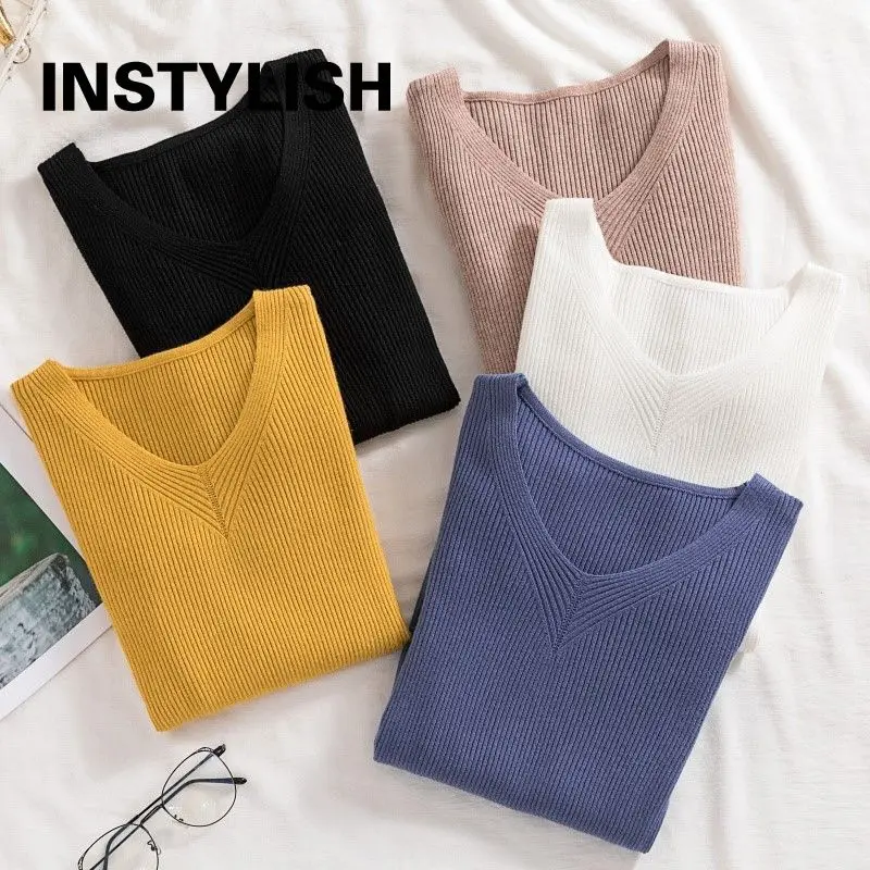

Korean V Neck Slim Knitted Sweater Elegant Long Sleeve Autumn Solid Pullover Casual Simple Chic Jumper Harajuku All-match Tops