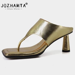 JOZHAMTA Size 33-39 Women Sandals Flip Flops Genuine Leather High Heels Summer Shoes For Women 2023 Slippers Fashion Heel Slides