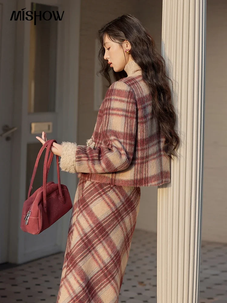 MISHOW Plaid Tweed Jacket Midi Skirt Separately Women 2024 Winter Korean Gentle Thick O-Neck Jacket Straight Skirt MXD54W0562