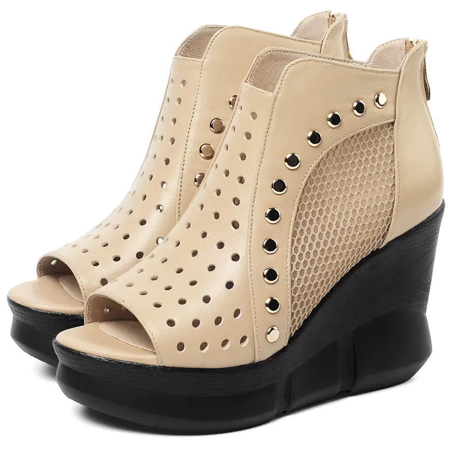 Punk Rivets Sandals Women's Cow Leather Platform Wedge High Heel Gladiators Summer Boots Punk Creeper Oxfords 34 35 36 37 38 39