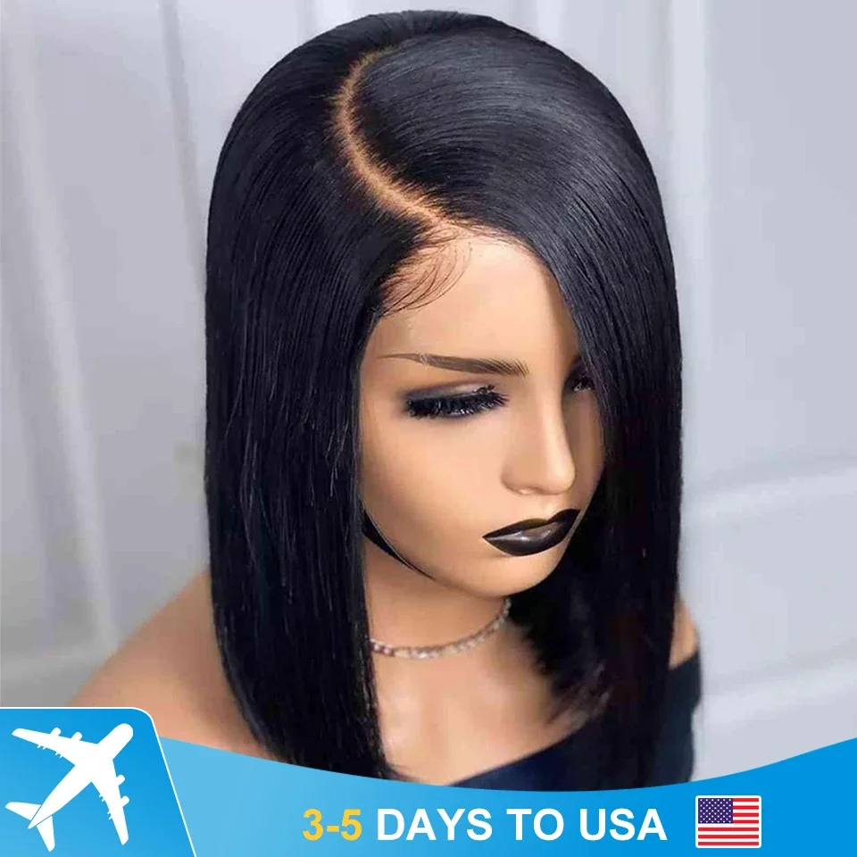 Pre Plucked Brazilian Human Hair Wigs Side Part Bob Wig for Women Natural Color T Part Lace Remy Straight Human Hair Wigs