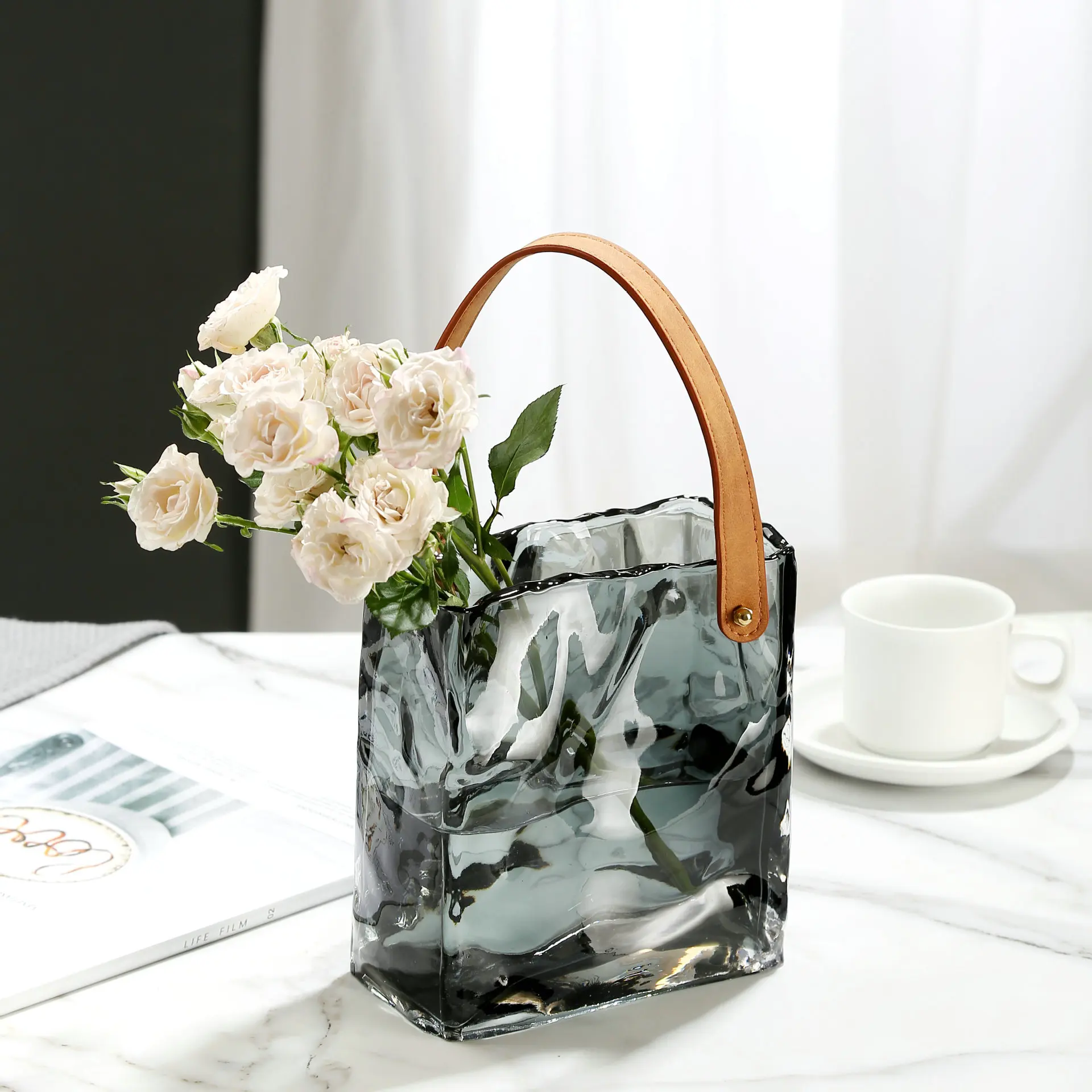 Glass Vase Transparent Tote Bag Shape Wrinkled Irregular Texture Flower Vase Hydroponics Accessories Terrarium Home Decoration