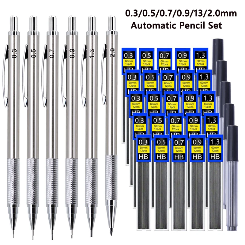 7-teiliges Set 0,5/0,7/0,9/1,3/2,0mm Metall-Druckbleistifte mit Minen, Rutschfester Automatikbleistift für Schule und Schreibbedarf
