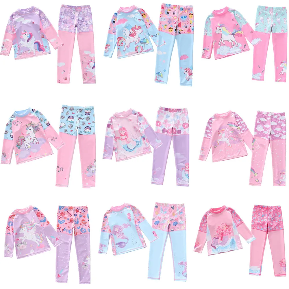 

HappyFlute Girls New Summer Two-piece Set Long Sleeves Design Unicorn Prints Vacation Swimsuit