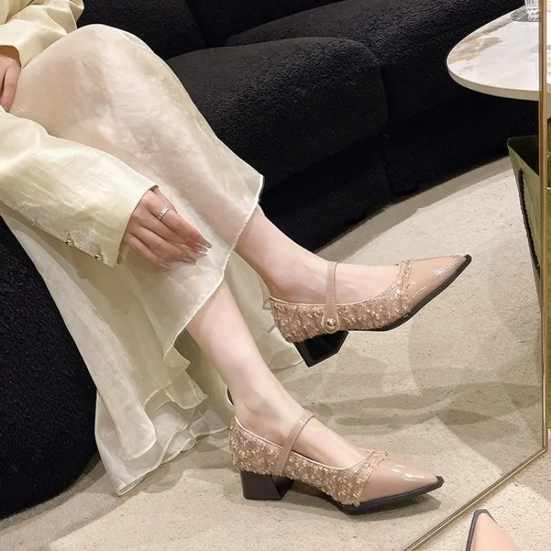 2024 New Designer Spring and Fall Women Mary Jane Shoes Ladies Fashion Pointed Toe Thick Heel Women's Comfort Office Pumps Shoes
