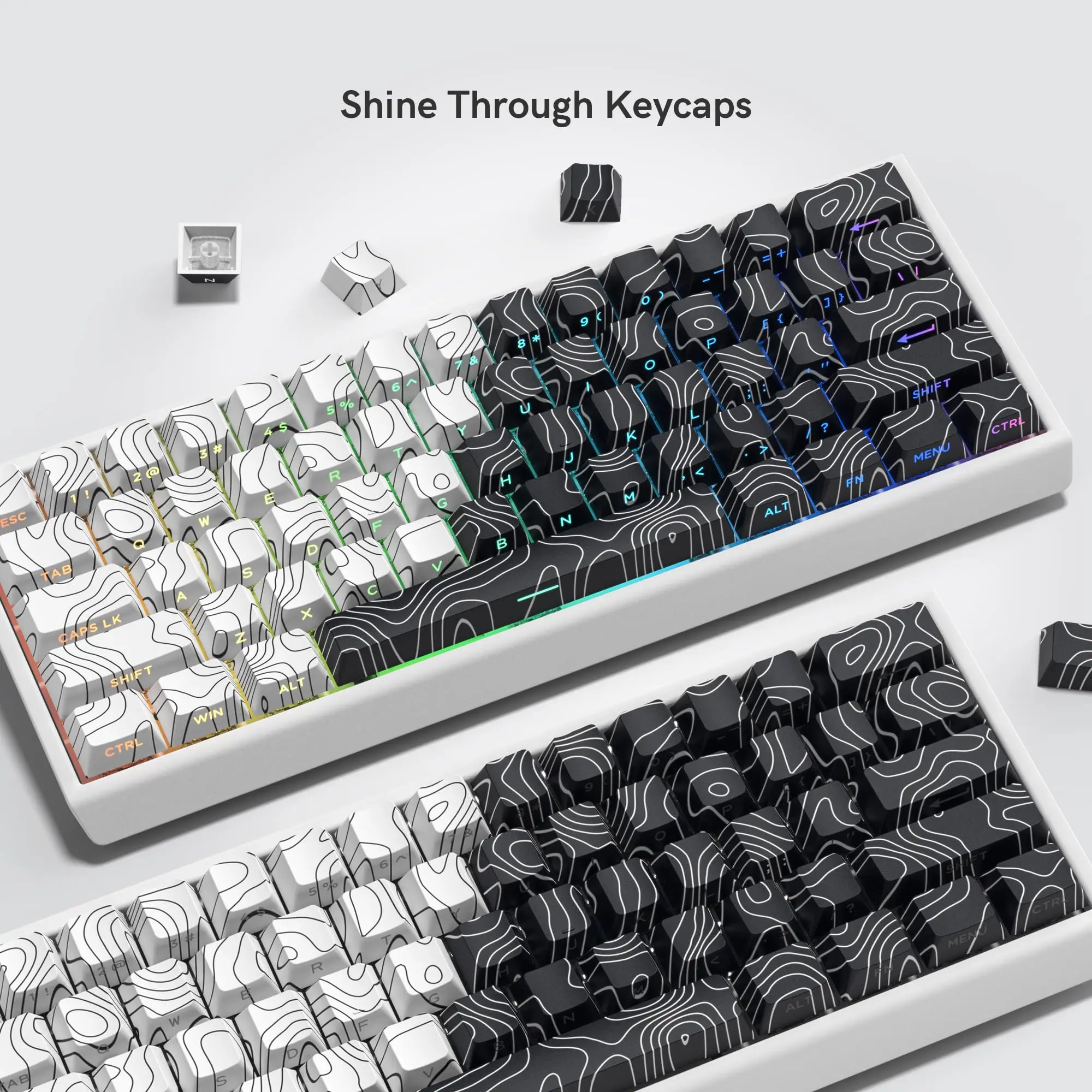 

132 клавиши Cherry Profile Dye Sub Keycap Белый Черный Топографический боковой принт Блеск через колпачок для механической клавиатуры MX Switches