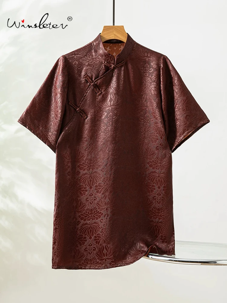 

Winsleter-100%Real Silk Watered Gauze Elegant Shirt, Short Sleeve Jacquard, Women Retro Loose Blouse, 2026 Summer New T65604CC