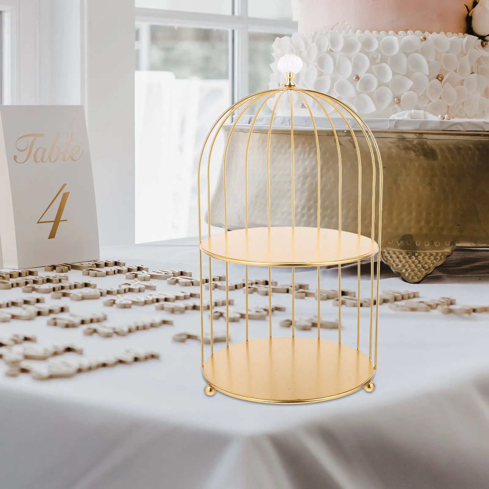 

Двухуровневая золотая подставка для торта в виде птичьей клетки, настольная подставка для сладостей, винтажный держатель для кексов и десертов для особых мероприятий