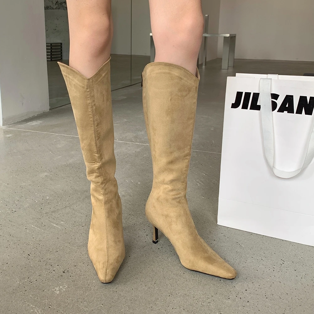 Pointed Toe Women Knee High Boots 2023 Chelsea Booties Thin High Heels Back Zipper Flock Black Beige Dress Shoes Winter Pumps