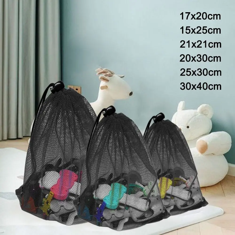 Portable Multi Purpose Drawstring Storage Pouch Bag Black Nylon Laundry Bag Breathable Mesh Pouch