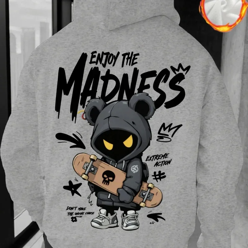 Enjoy The Madness Hoodie Bear Skateboard Cartoon Graffiti Drip Streetwear White Oversized Casual Sweatshirt Long Sleeve