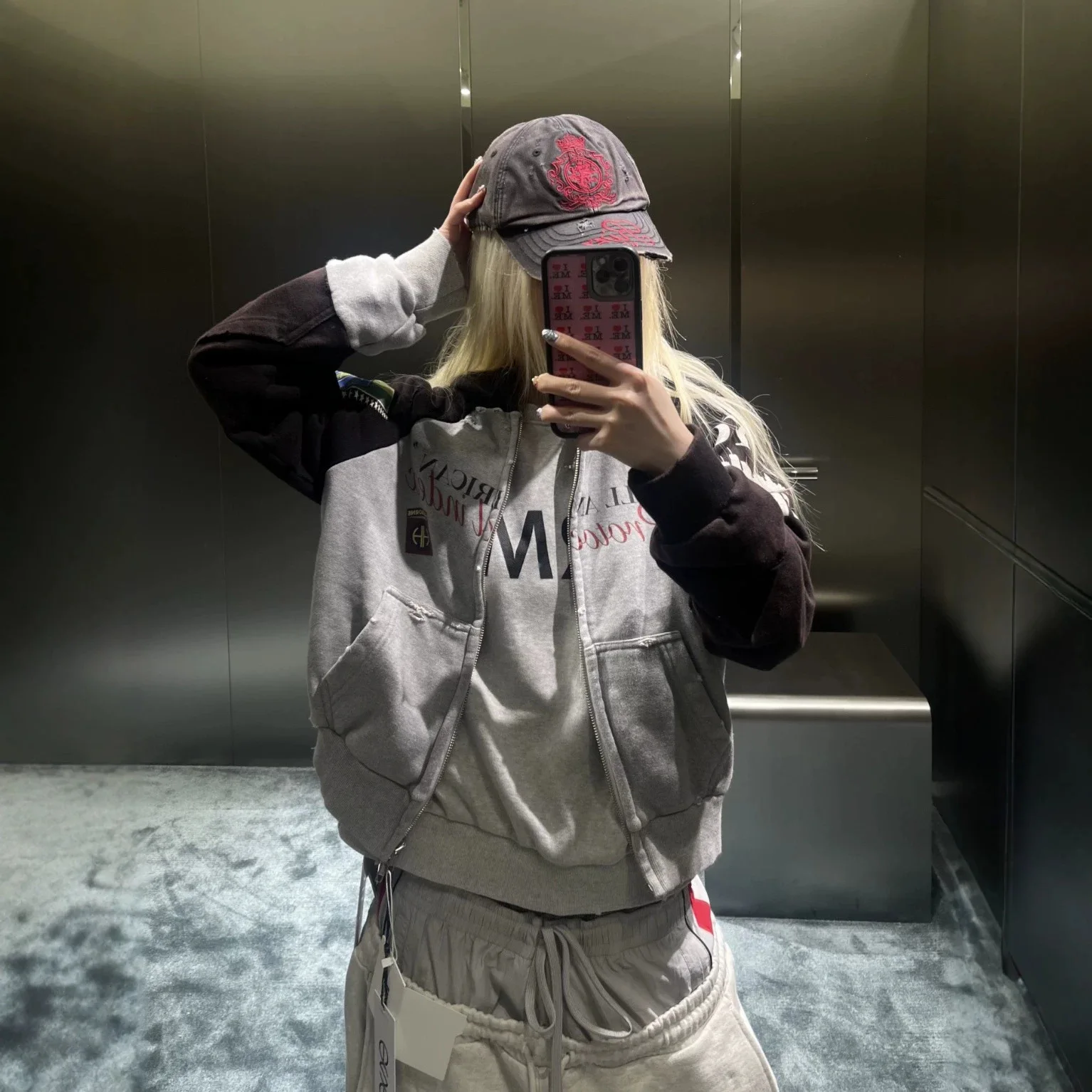 Protocol Index Grailz Patched Washed Hole Football Slogan Print Zippered Hooded Sweatshirt for Men and Women PROJECT G/R
