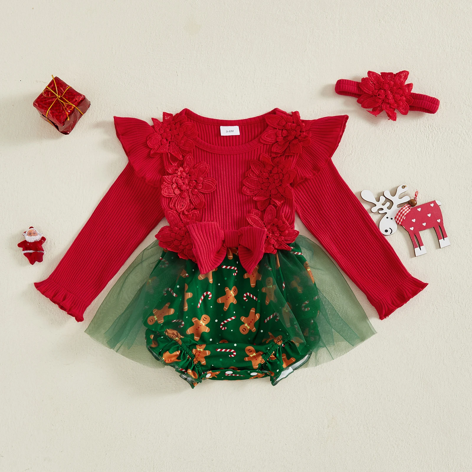

Tregren 0-18M Infant Baby Girl Christmas Outfit Gingerbread Ruffle Trim Long Sleeve Romper Dress and Flower Headband 2 Piece Set