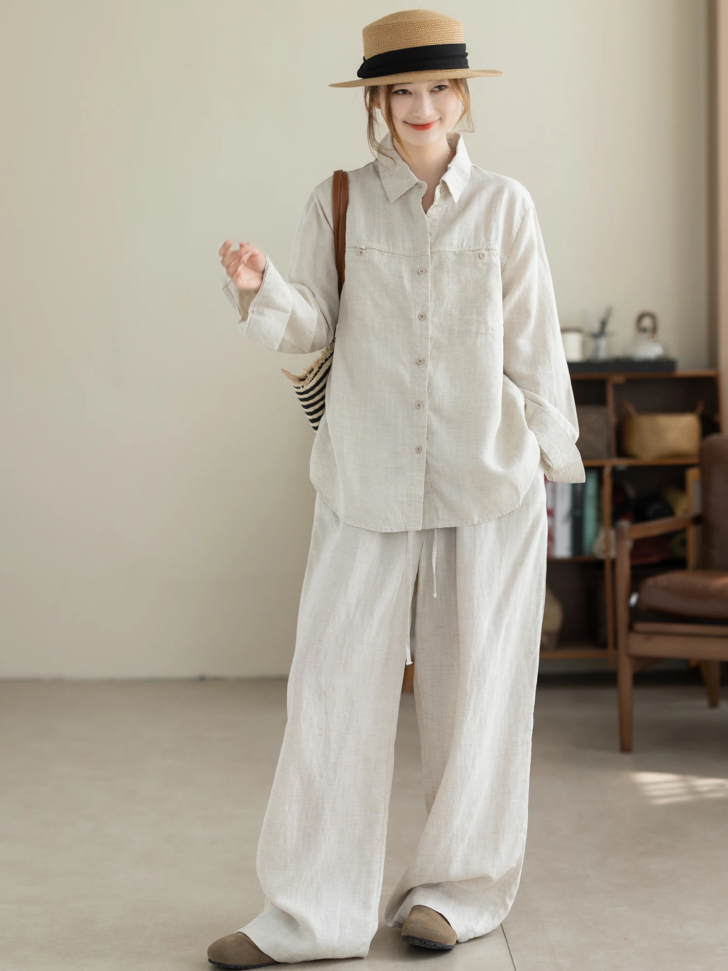 

Camiyu Women's Cotton Linen Shirt Wide Leg Pants Set Loose Fit Commute Summer Two Piece Set Breathable Long Sleeve Neck