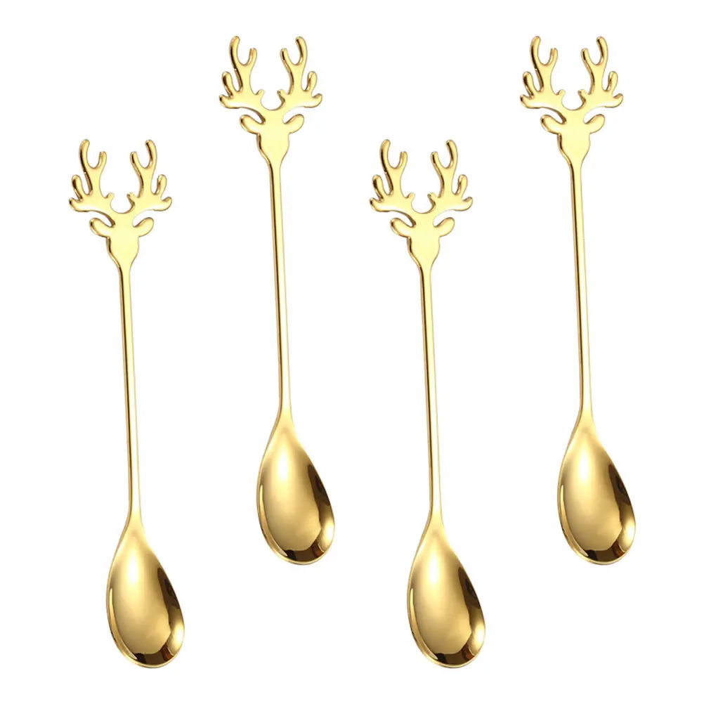 

4Pcs Coffee Stirring Spoons Elk Handle Long Gold Teaspoons for Espresso Tea Lemonade Ice Coffee Yogurt Mixing Gold Spoons