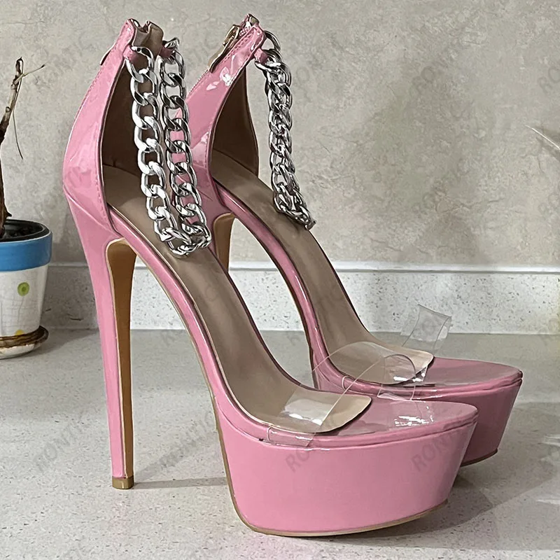 Rontic New Arrival Women Platform Sandals Sexy Chain Stiletto Heels Open Toe Pretty Silver DRESS Shoes US Plus Size 5-20