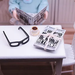 Miniature Glasses Coffee Newspaper Set Dollhouse Accessories For 1/6 1/12 Mini Dollhouse Decoration Scene Simulation Toy Props