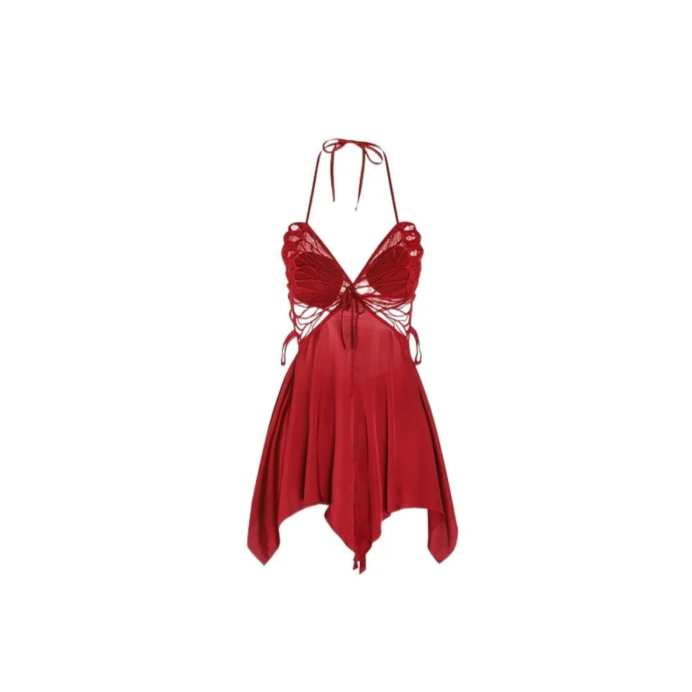 

Comfortable Lace Up Butterfly Nightgown Halter Women Lingerie Camisole Nightwear Sweet Ice Satin Silk Nightdress with Pads Girl