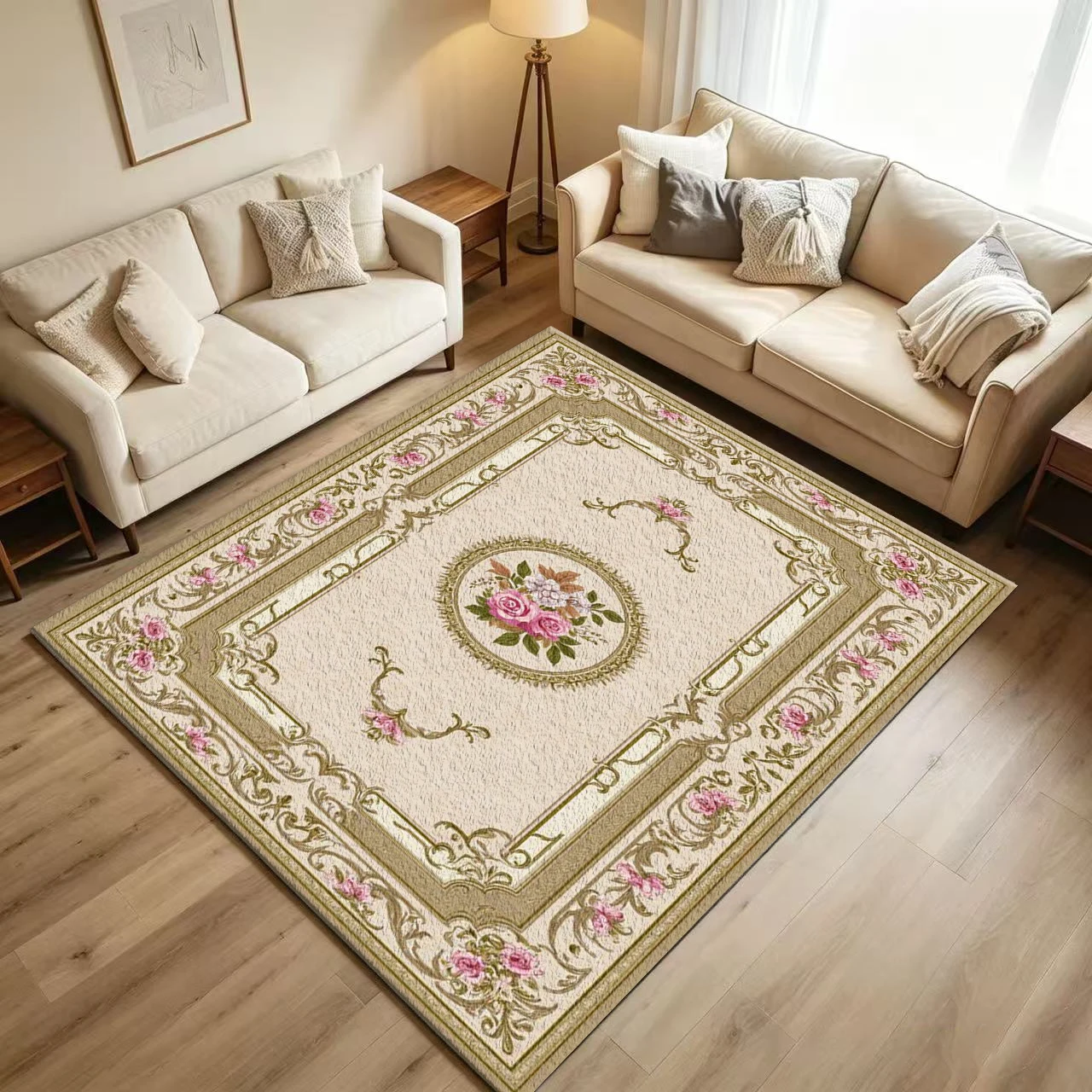Luxury European Pink Rose Medallion Carpet Flooring Classical Baroque Ornate Scroll Border Printed Floor Rug for Household Indoor Home Decoration
