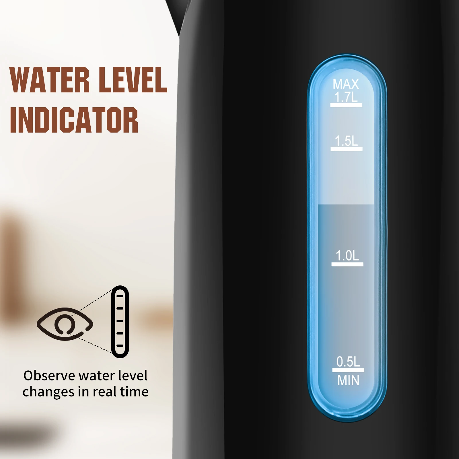غلاية ستانلس ستيل 1.7 لتر مع مؤشر مستوى الماء، تسخين سريع 4 دقائق حتى 100 ° ج، غلاية كهربائية سوداء