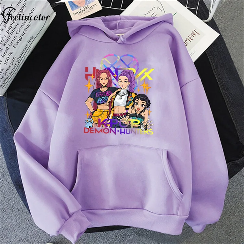 Kpop Demon Hunters Pattern Hoodie Oversized Loose Lavender Huntrix Pullover Casual Fashion Streetwear Harajuku Unisex Clothing