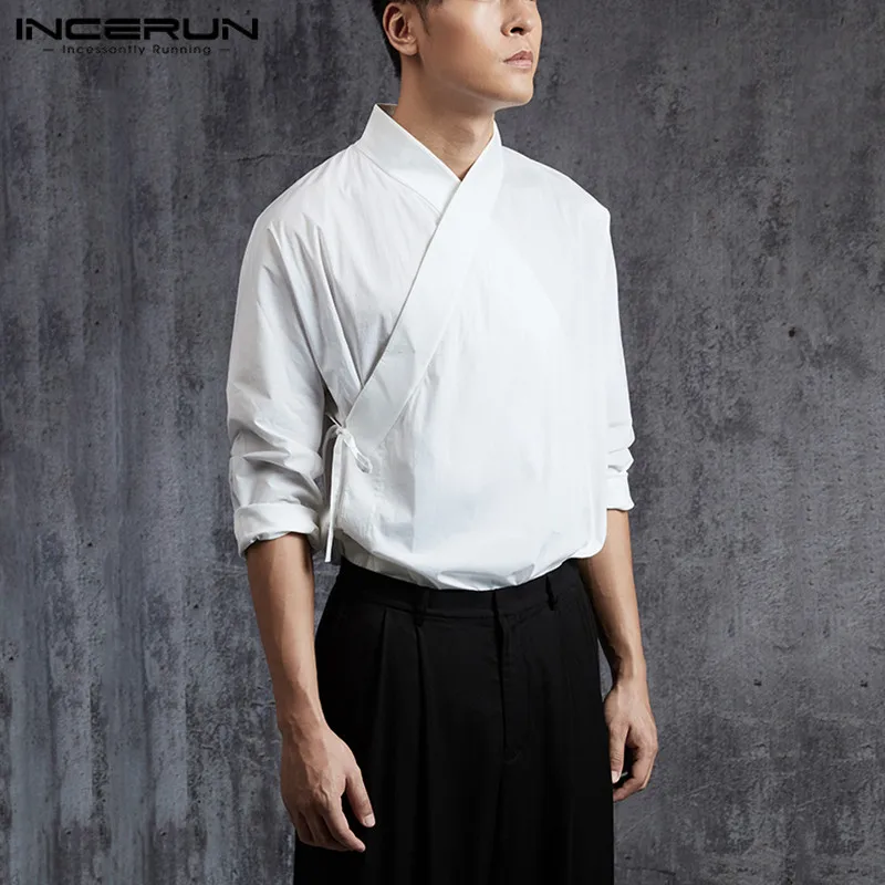 Incerun Vintage Mannen Shirt Effen Kleur Hanfu Lange Mouw Vetersluiting Elegante Opstaande Kraag Chinese Stijl Retro Mannelijke Shirts S-5XL 2024