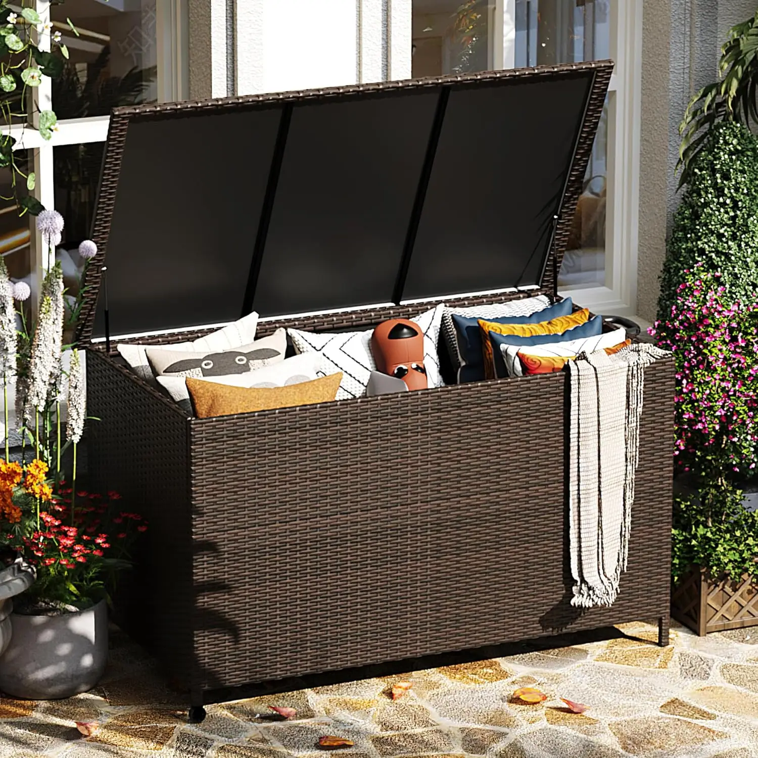 

180 Gallon Large Outdoor Deck Box Wicker Storage Bin with Wheels Patio Storage Box Storage Bench for Garden Tool and Pool Floats