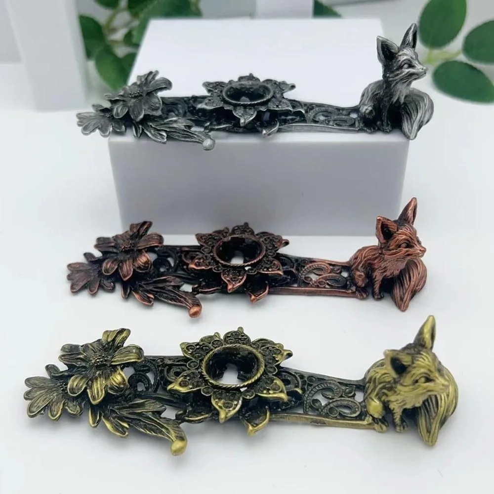 Fox and Daisy Flower Crystal Ball Stand Metal Figurine Display Base Long Strip Sphere Holder Mineral Specimen Healing Stone