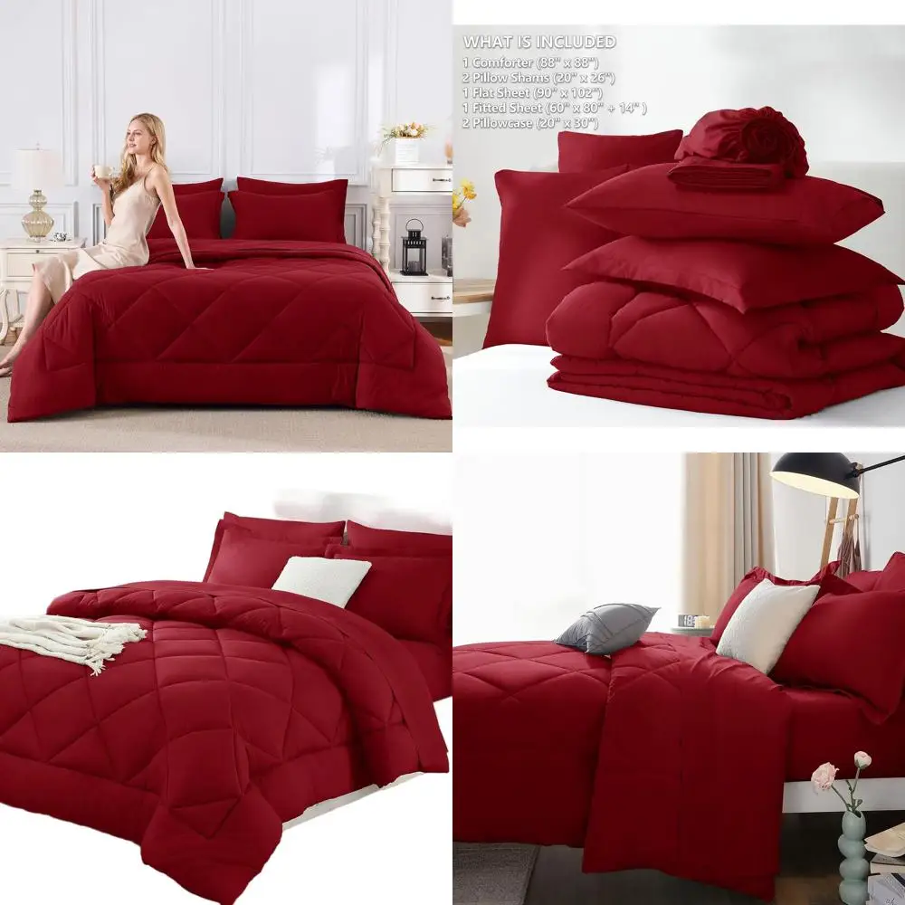 

Роскошный темно-красный комплект постельного белья Queen — одеяло, простыни, наволочки и шамс на все сезоны