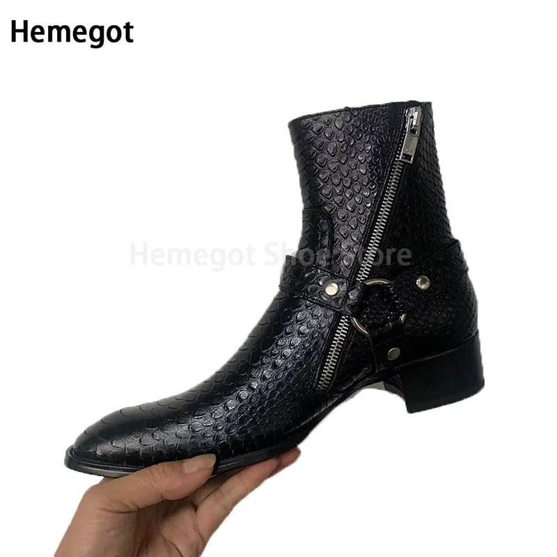 Snake Pattern Buckle Chelsea Boots Men\'s Autumn Winter Male Boots Side Zipper Leather Handmade Designer Brand Boots Retro Shoes