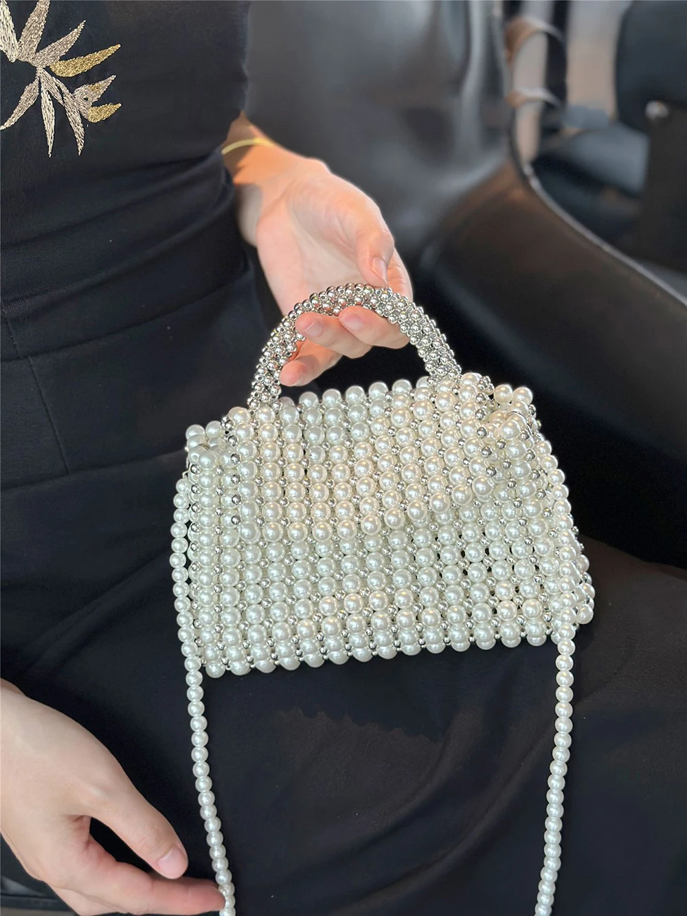 

Acrylic Beaded Pearl Flap Mini Square Bag Women's French Handmade Woven Hollow Out Elegant Handbag Shoulder Crossbody Bag