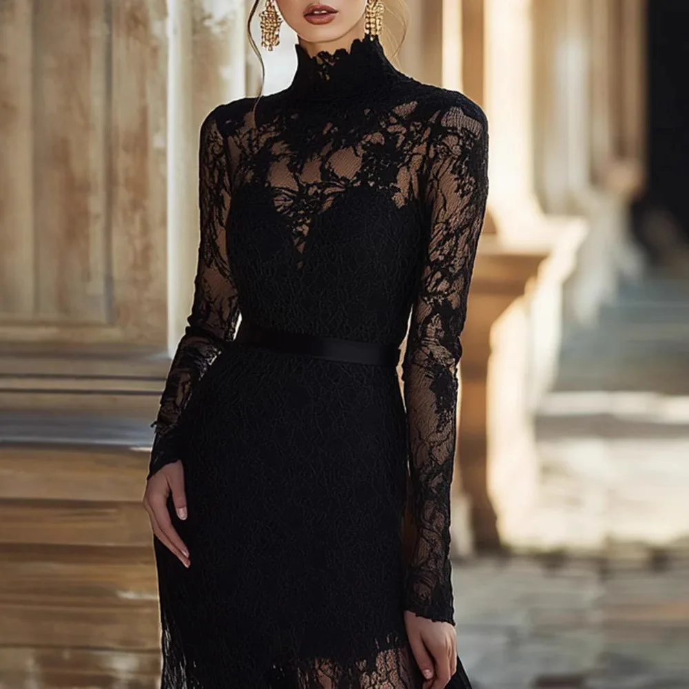 

Elegant Vintage Lace Hollow Out Women Evening Dress Black Turtleneck Long Sleeve Sexy Sheer Mesh Cocktail Party Prom Maxi Dress