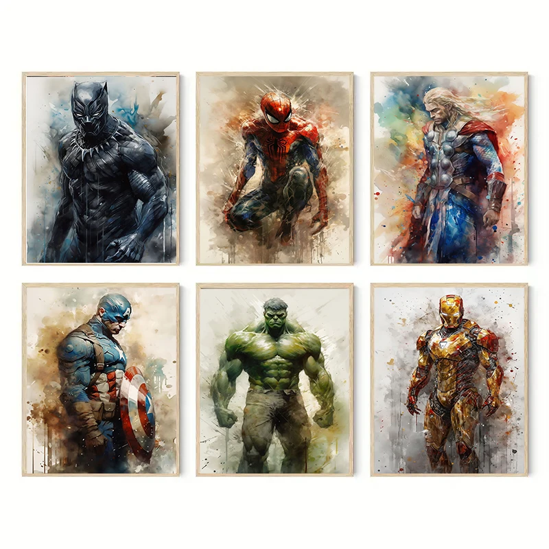 6Pcs Miniso Disney Spiderman Iron Man Hulk Poster and Prints Canvas Paintings Living Room Decor Wall Art  Home Decor