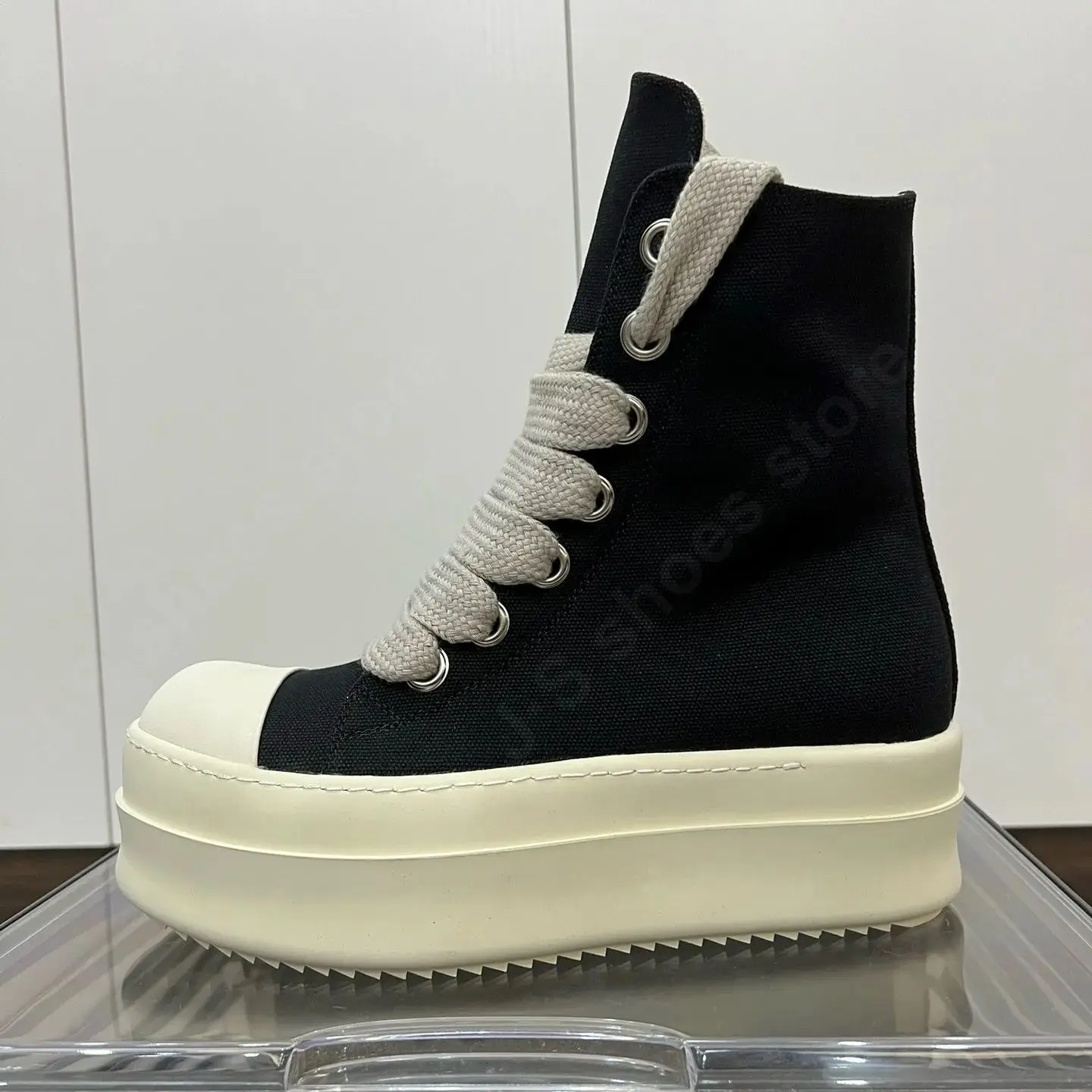 

Brand Men Shoes Ricks High Top Canvas Shoe Black Women Sneaker 6cm Thick Sole Shoe Black Owen Jumbo Laces Casual Shoe Ankle Boot