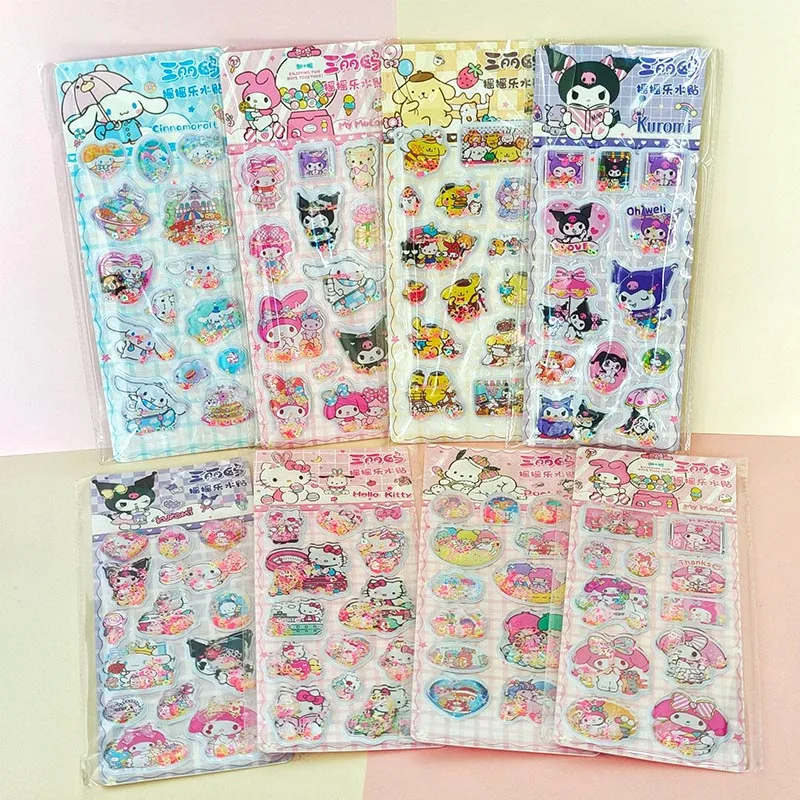 Sanrio Kawaii Água Adesivos, Melodia, Cinnamoroll, Kuromi, 3D Decorativo, Bonito Papelaria Presente, Material Escolar, 8Pcs por lote