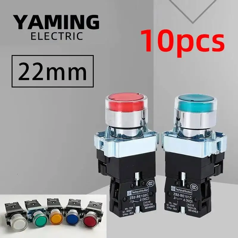 

10 шт., 22 мм, кнопочный переключатель мгновенного сброса, старт-стоп XB2-BW3361/3462/3561/3365/3465 со светодиодной лампой, НЕТ NC 24 В/AC220 В/AC380 В