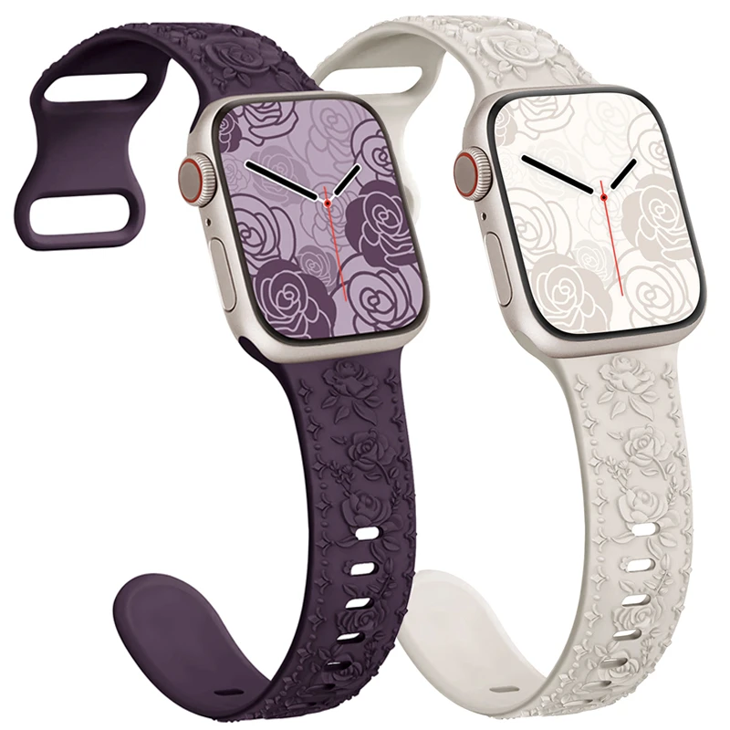

Roses Engraved bracelet correa For Apple Watch Band 44mm 45mm 49mm 46mm 38mm 40mm 41mm iwatch series 11 10 9 7 SE 8 Ultra3 Strap