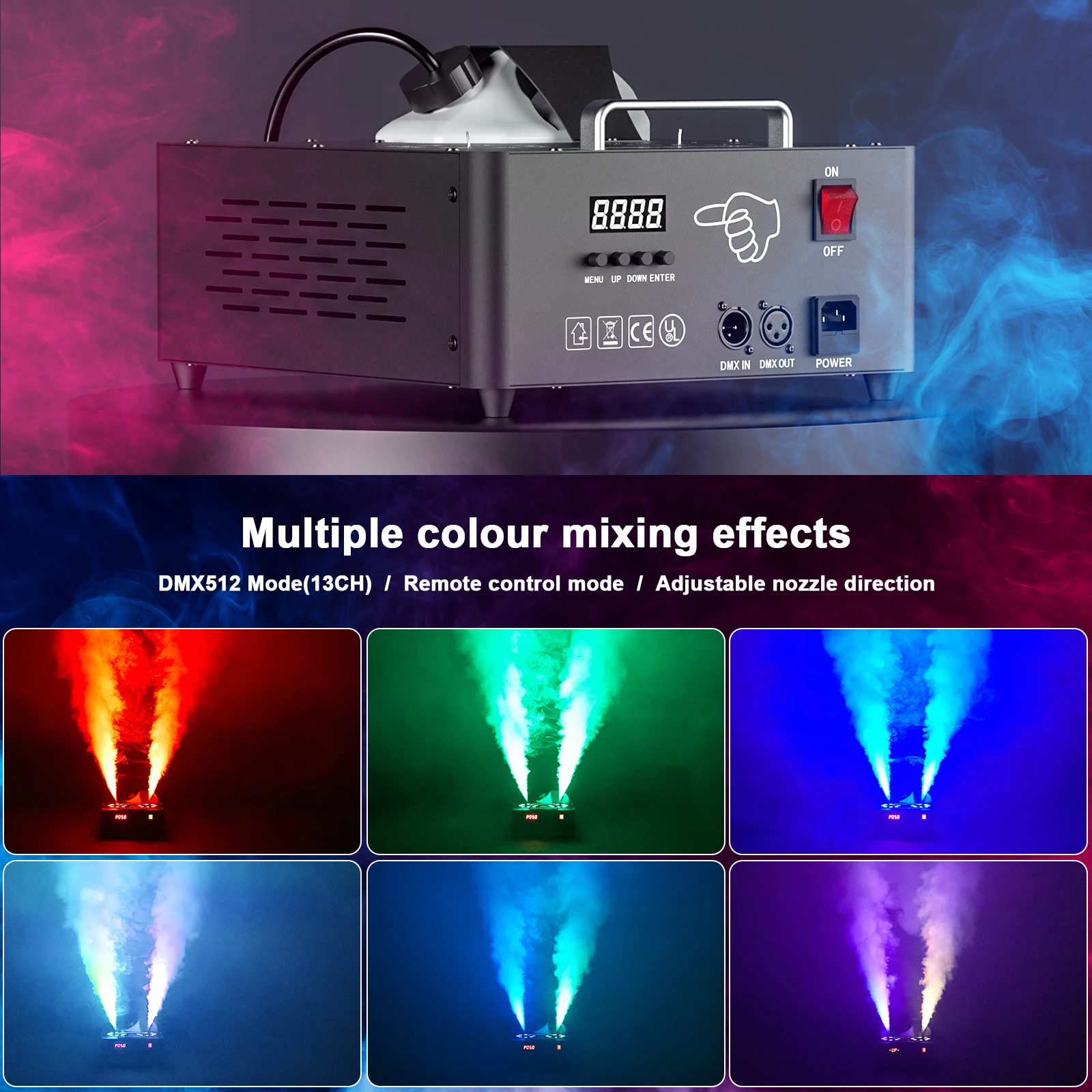 2000W Smoke Machine Double Holes Fog Machine with RGB Effect Lights for Performance Remote Fog Sprayer Wedding Concert DJ Disco