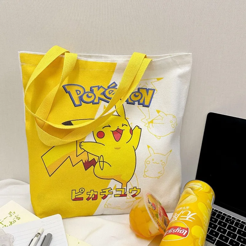 

Cute Pikachu Canvas Tote Bag Pokémon Print Multi-functional for Women Shoulder Shopper File Document Bag Holder Storage Bags