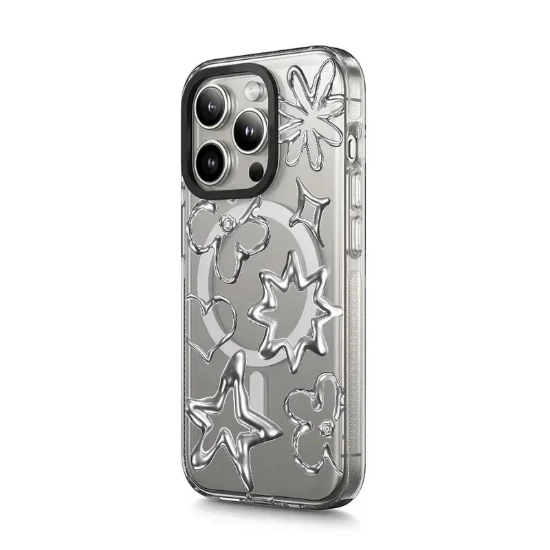 

Silver Stars Hearts Transparent Border Magnetic IPhone 13 14 15 Pro Max Case