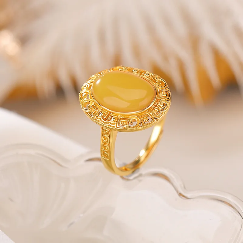 S925 Sterling Silver Gold-Plated Amber Lucky Pattern Hollow Surface Ring
