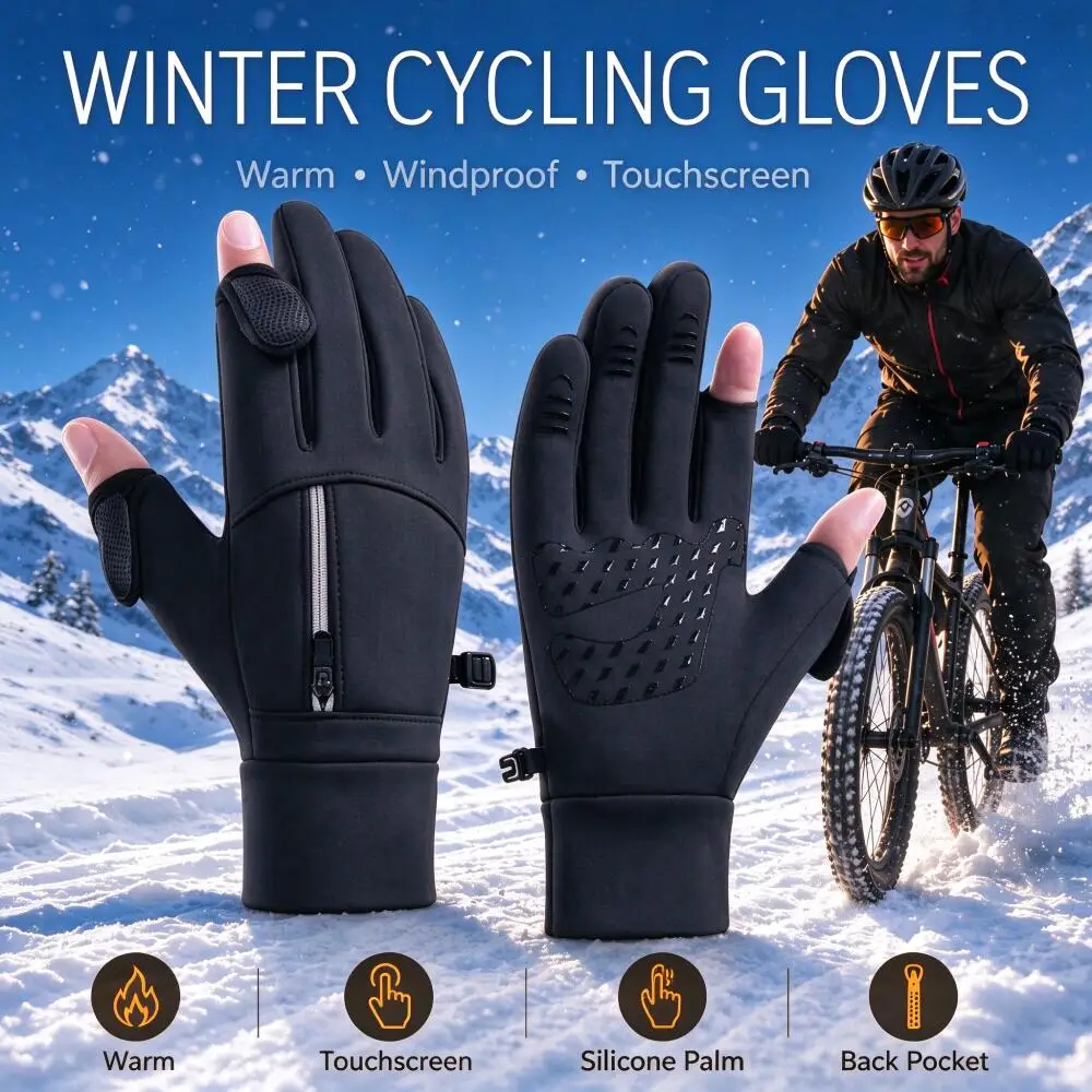 Fashion Warm Winter Gloves Flip Touch Fingertips Adjustable Zipper Textured Palm for Men Women Hiking Walking Daily