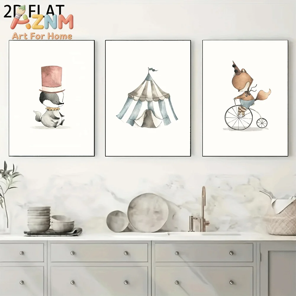 AZNM Watercolor Circus Theme Skunk Fox Canvas Wall Art, Cute Animal Tent Vintage Bicycle Neutral Soft Tone Print Painting for Ba view 2